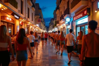 Rue animée de Paceville à Malte la nuit avec des bars et une foule de fêtards en terrasse