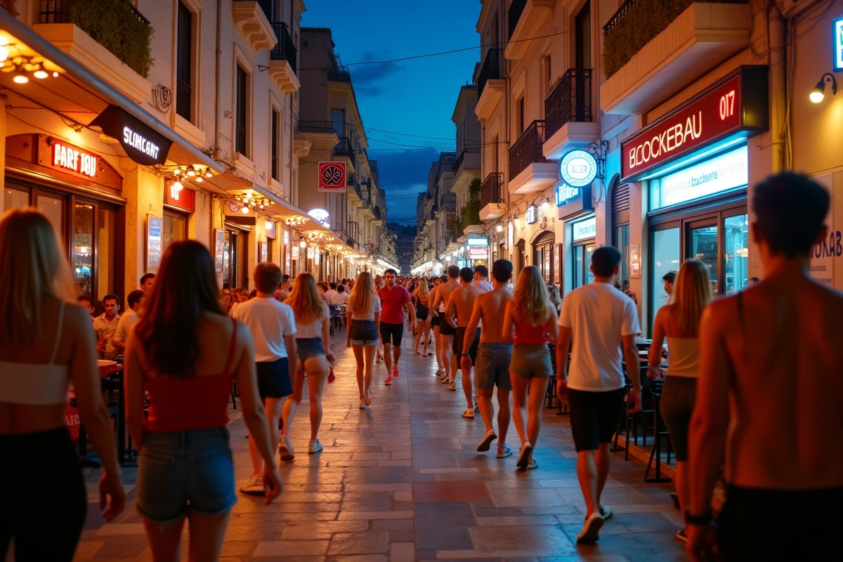 Rue animée de Paceville à Malte la nuit avec des bars et une foule de fêtards en terrasse