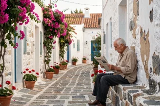 Ruelle pavée déserte du village de Chora à Kythira en Grèce avec un habitant local lisant son journal, loin du tourisme de masse