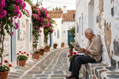 Ruelle pavée déserte du village de Chora à Kythira en Grèce avec un habitant local lisant son journal, loin du tourisme de masse