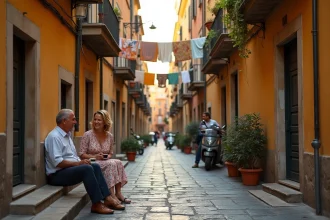 Ruelle typique de Naples au crépuscule avec des habitants assis sur des escaliers en pierre sous des balcons fleuris