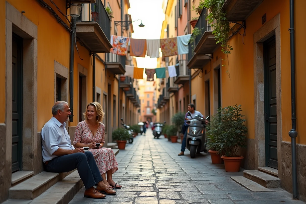 Ruelle typique de Naples au crépuscule avec des habitants assis sur des escaliers en pierre sous des balcons fleuris