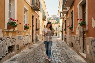 Jeune femme se promenant dans une ruelle pavée du quartier Psiri à Athènes, entourée de bâtiments néoclassiques colorés et de fresques murales