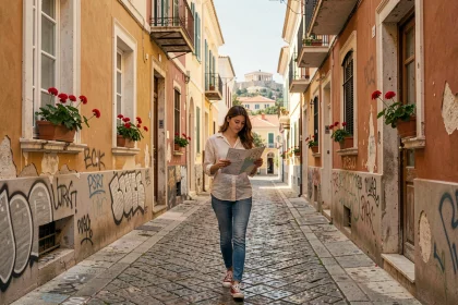 Jeune femme se promenant dans une ruelle pavée du quartier Psiri à Athènes, entourée de bâtiments néoclassiques colorés et de fresques murales
