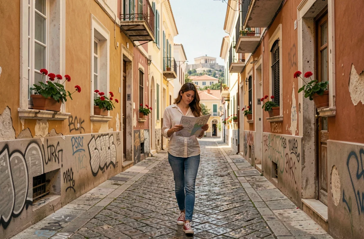 Jeune femme se promenant dans une ruelle pavée du quartier Psiri à Athènes, entourée de bâtiments néoclassiques colorés et de fresques murales