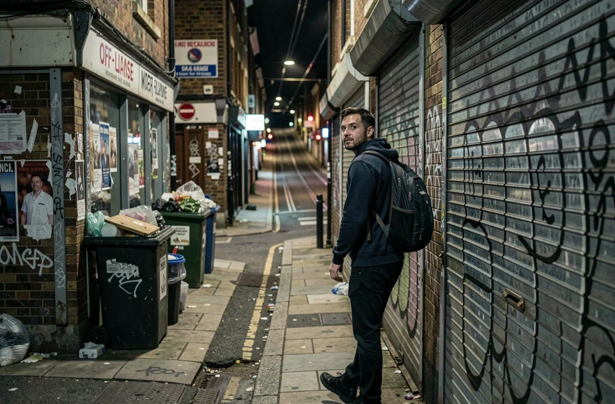 Homme marchant seul dans une ruelle sombre et dégradée d'un quartier périphérique de Londres, avec des devantures taguées et des trottoirs défoncés