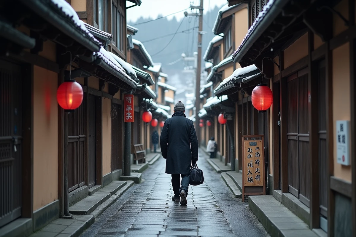 Ruelle enneigée typique du village de Nozawa Onsen avec maisons en bois traditionnelles et voyageur en promenade
