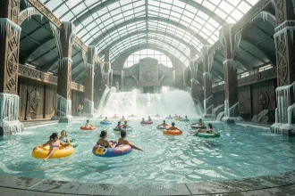 Vue panoramique de la piscine à vagues intérieure de Rulantica à Europa-Park avec décor viking et familles en maillot de bain
