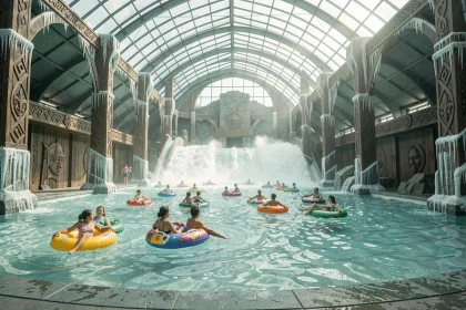 Vue panoramique de la piscine à vagues intérieure de Rulantica à Europa-Park avec décor viking et familles en maillot de bain