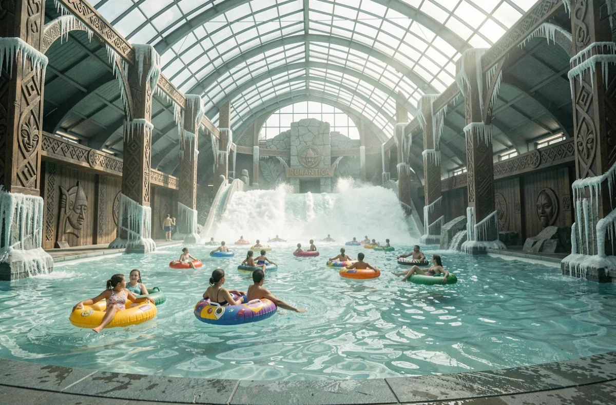 Vue panoramique de la piscine à vagues intérieure de Rulantica à Europa-Park avec décor viking et familles en maillot de bain