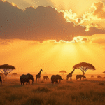 Vaste savane kenyane avec éléphants et girafes au coucher de soleil