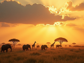 Vaste savane kenyane avec éléphants et girafes au coucher de soleil