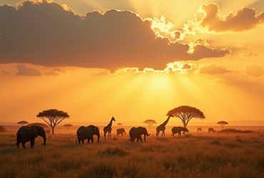 Vaste savane kenyane avec éléphants et girafes au coucher de soleil