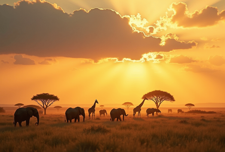 Vaste savane kenyane avec éléphants et girafes au coucher de soleil