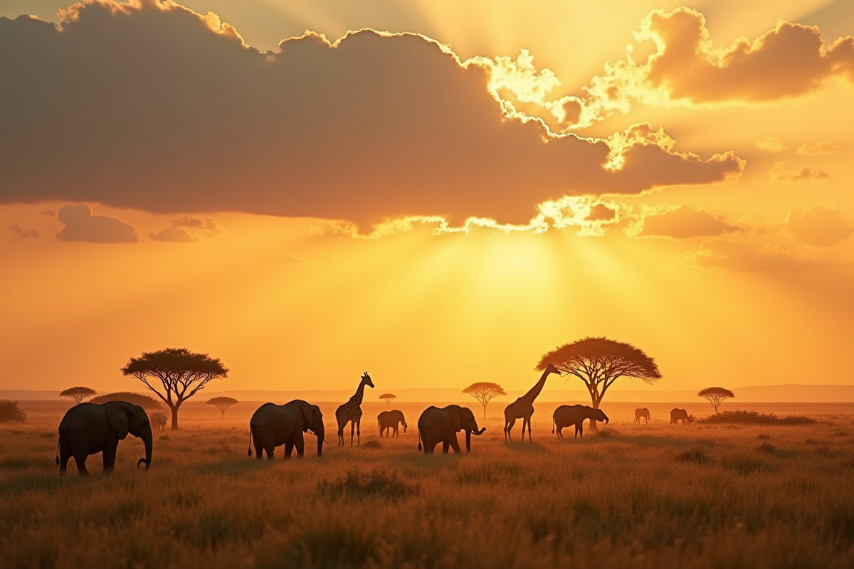 Vaste savane kenyane avec éléphants et girafes au coucher de soleil