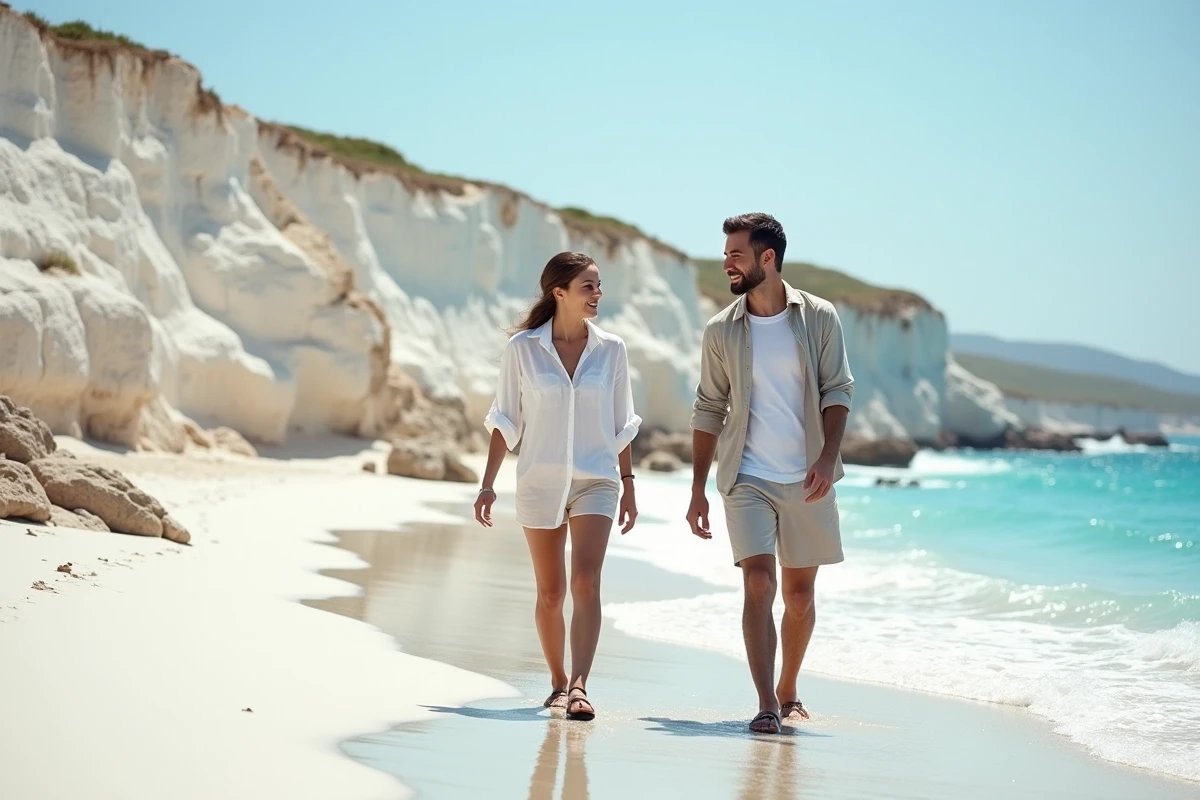 Couple se promenant pieds nus sur la plage de Scala dei Turchi avec les falaises blanches emblématiques de Sicile