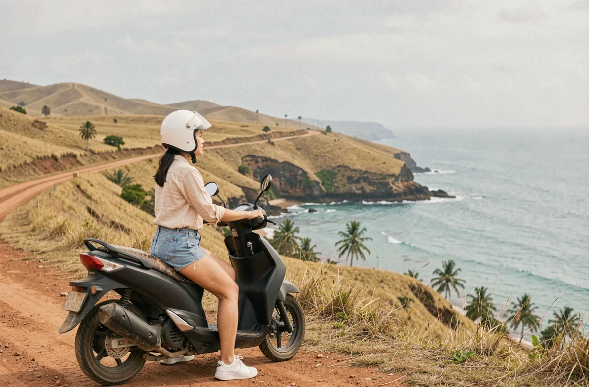 Jeune femme en scooter sur une route panoramique côtière à Kuta Lombok, avec vue sur la baie turquoise et les collines dorées