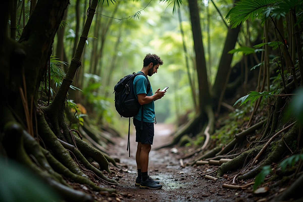 Randonneur seul vérifiant son téléphone sans réseau sur un sentier forestier menant au Corcovado dans la forêt de Tijuca à Rio de Janeiro