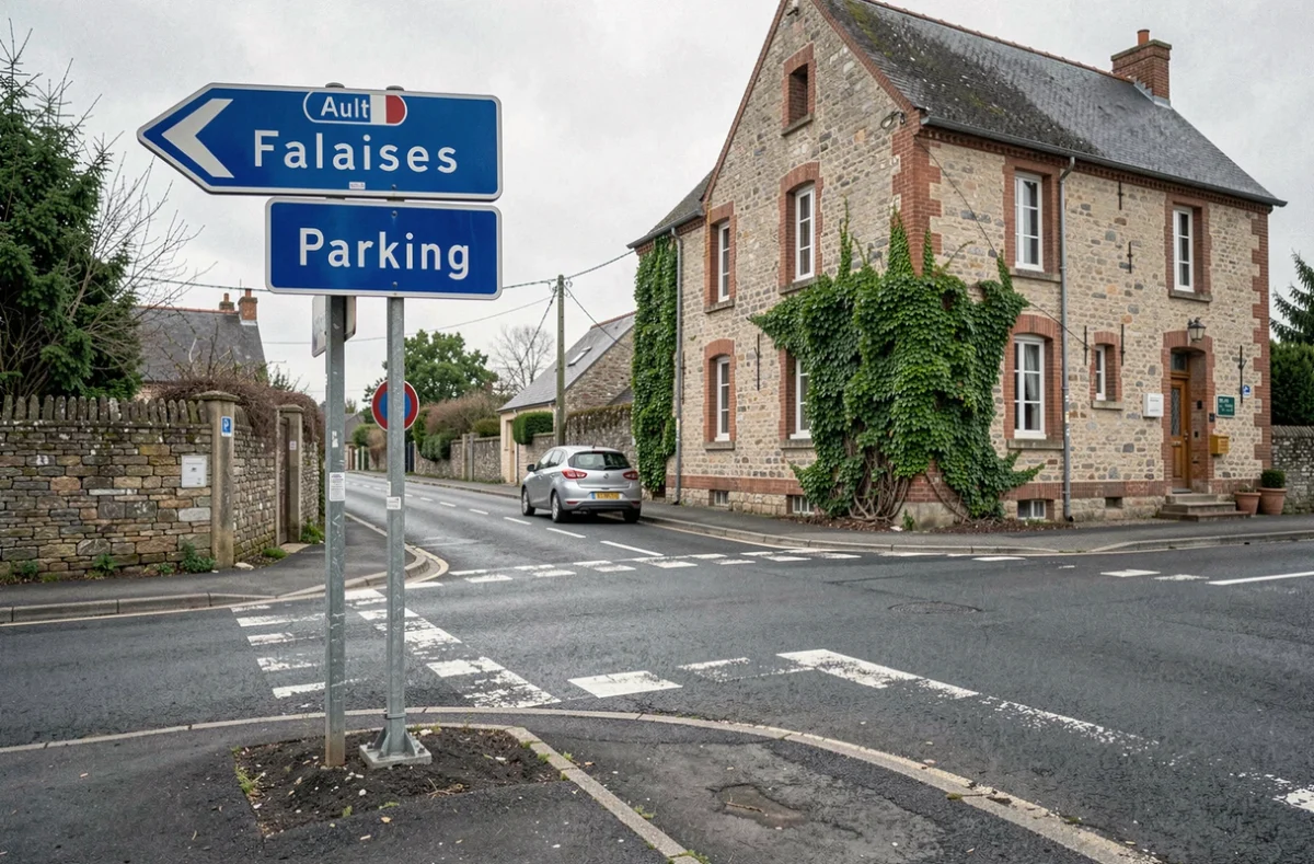 Panneau de signalisation routière indiquant le parking et les falaises d'Ault à l'entrée du village