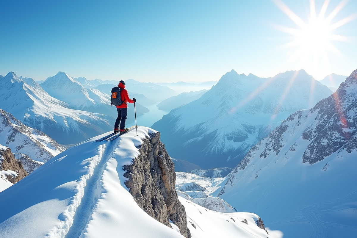 Skieur au sommet avec vue panoramique sur les montagnes enneigees
