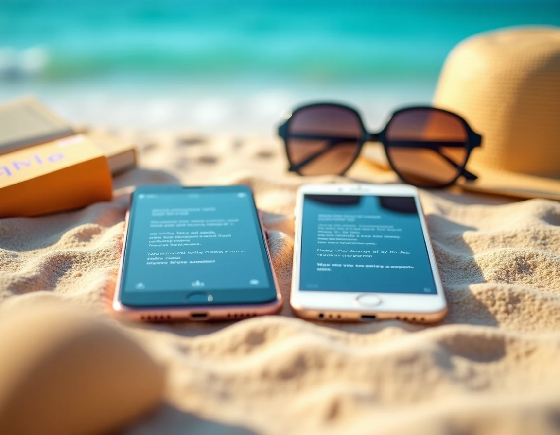 Gros plan de deux smartphones affichant des messages de bonnes vacances posés sur une serviette de plage avec des accessoires estivaux