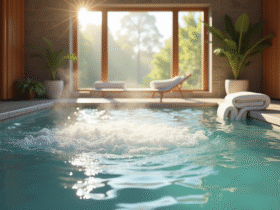 Spa intérieur avec jacuzzi chaud et lumière naturelle