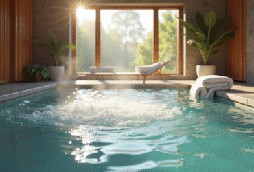 Spa intérieur avec jacuzzi chaud et lumière naturelle