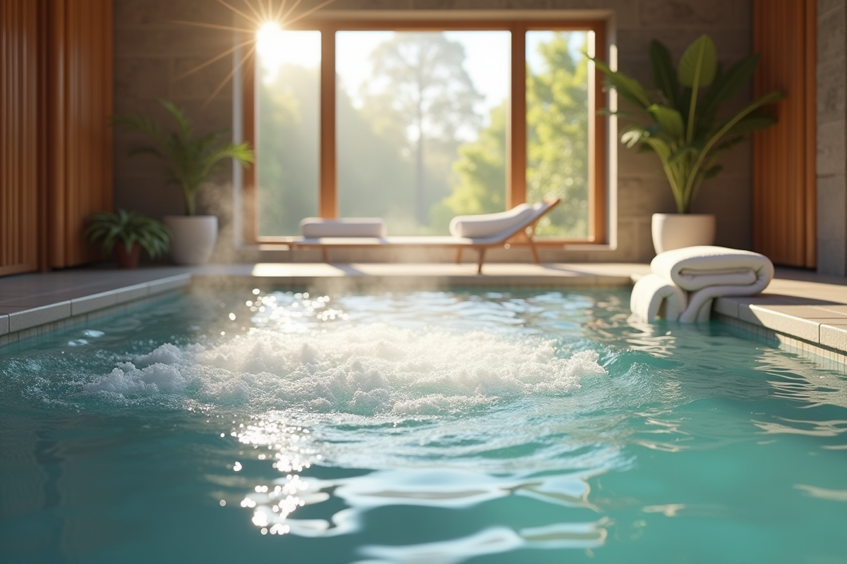 Spa intérieur avec jacuzzi chaud et lumière naturelle