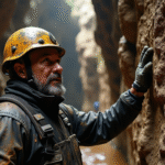 Homme spéléologue explorant une grotte dangereuse