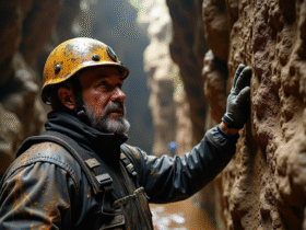 Homme spéléologue explorant une grotte dangereuse