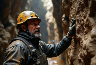 Homme spéléologue explorant une grotte dangereuse