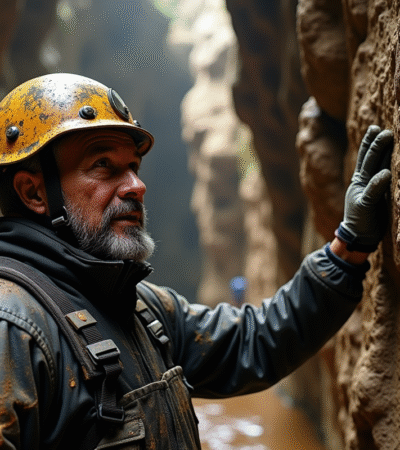Homme spéléologue explorant une grotte dangereuse