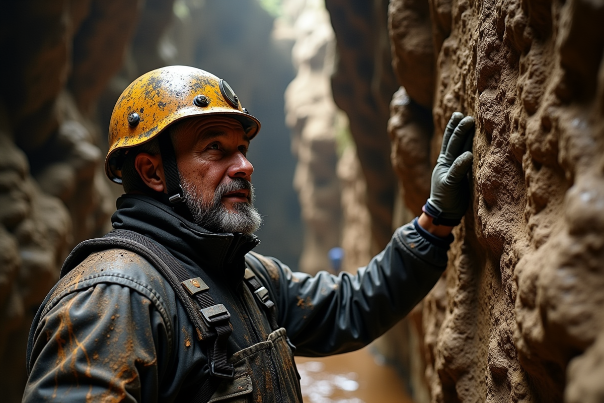 Homme spéléologue explorant une grotte dangereuse