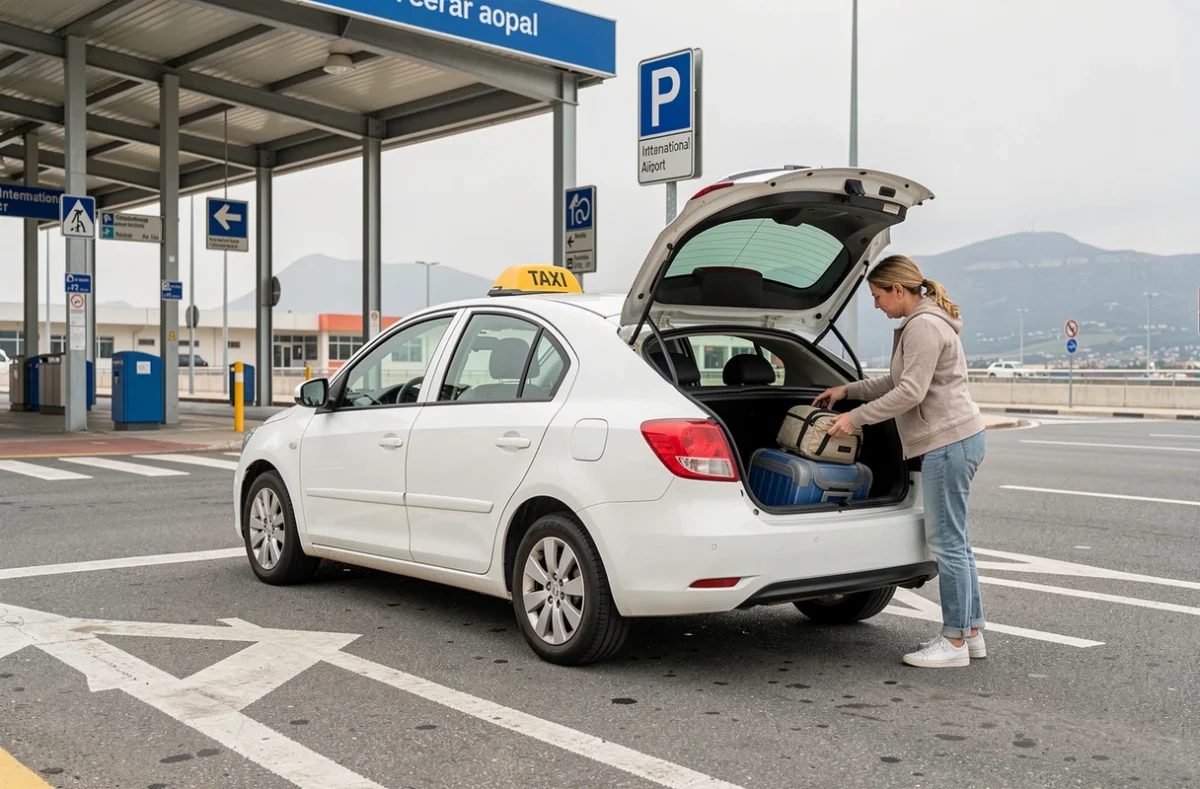 Taxi blanc maltais devant l'aéroport de Malte avec une passagère chargeant ses bagages