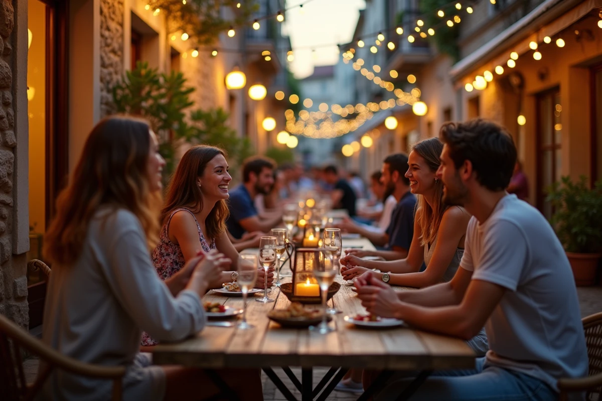 Terrasse animée d'un bar d'Arcachon en soirée, groupe d'amis attablés avec verres de vin dans une ruelle pittoresque