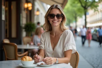 Femme assise en terrasse de café viennois l'été, dégustant un Melange sur le Ring avec façades historiques en arrière-plan
