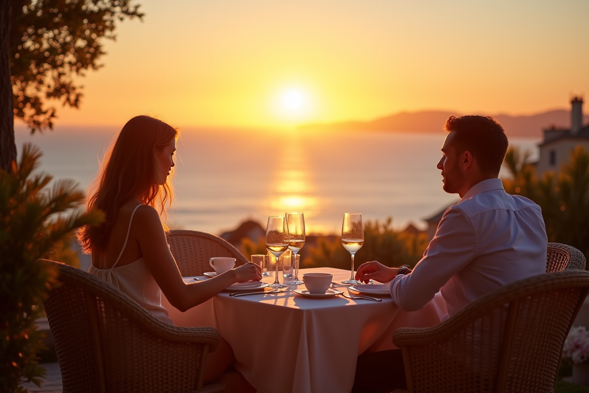 Terrasse romantique en Bretagne au coucher du soleil