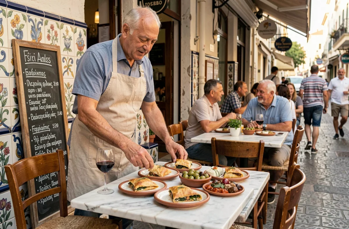 Patron de taverna disposant des mezze sur une terrasse de rue animée dans le quartier Psiri à Athènes