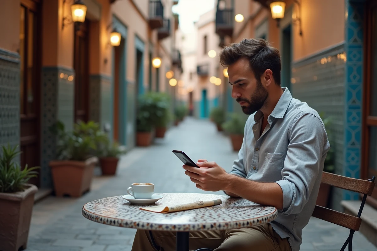 Touriste français consultant un forfait mobile pour le Maroc sur son smartphone dans une ruelle de médina