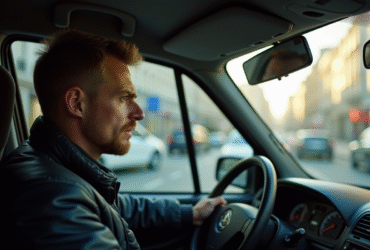Touriste inquiet dans un taxi français regardant le compteur