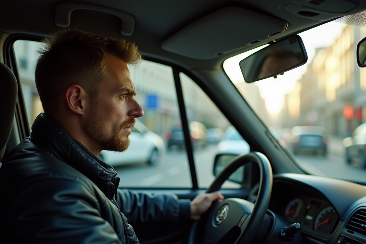 Touriste inquiet dans un taxi français regardant le compteur