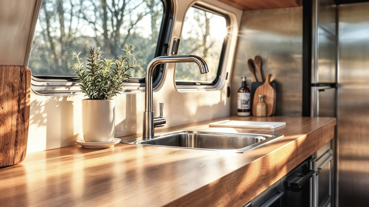 une cuisine à l'intérieur d'un mobile home 