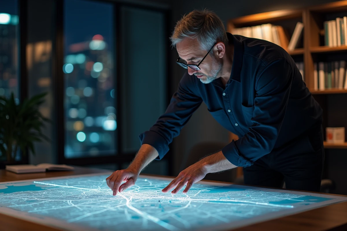 Urbaniste étudiant une carte détaillée des zones urbaines américaines éclairées la nuit dans un bureau de planification