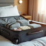 Valise ouverte sur lit d hotel avec produits de toilette minimaliste