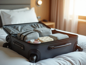 Valise ouverte sur lit d hotel avec produits de toilette minimaliste