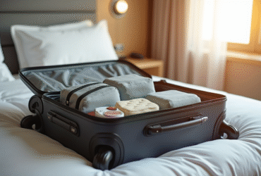 Valise ouverte sur lit d hotel avec produits de toilette minimaliste