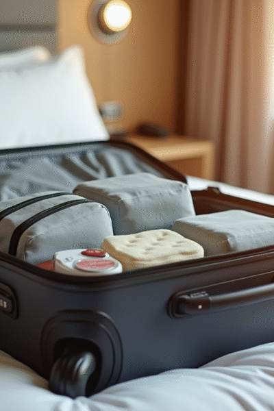 Valise ouverte sur lit d hotel avec produits de toilette minimaliste