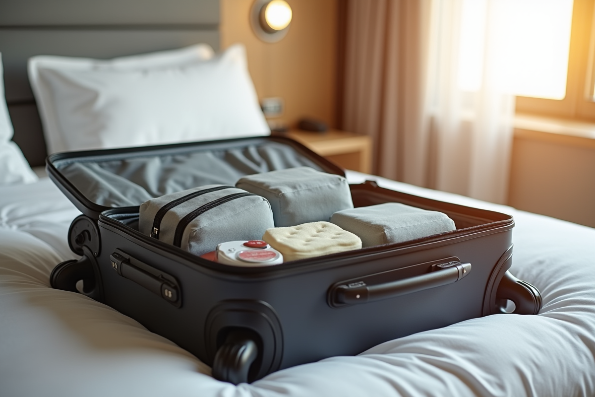 Valise ouverte sur lit d hotel avec produits de toilette minimaliste
