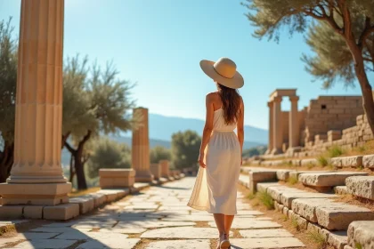 Femme admirant les temples grecs de la Vallée des Temples à Agrigente en Sicile lors d'un premier voyage