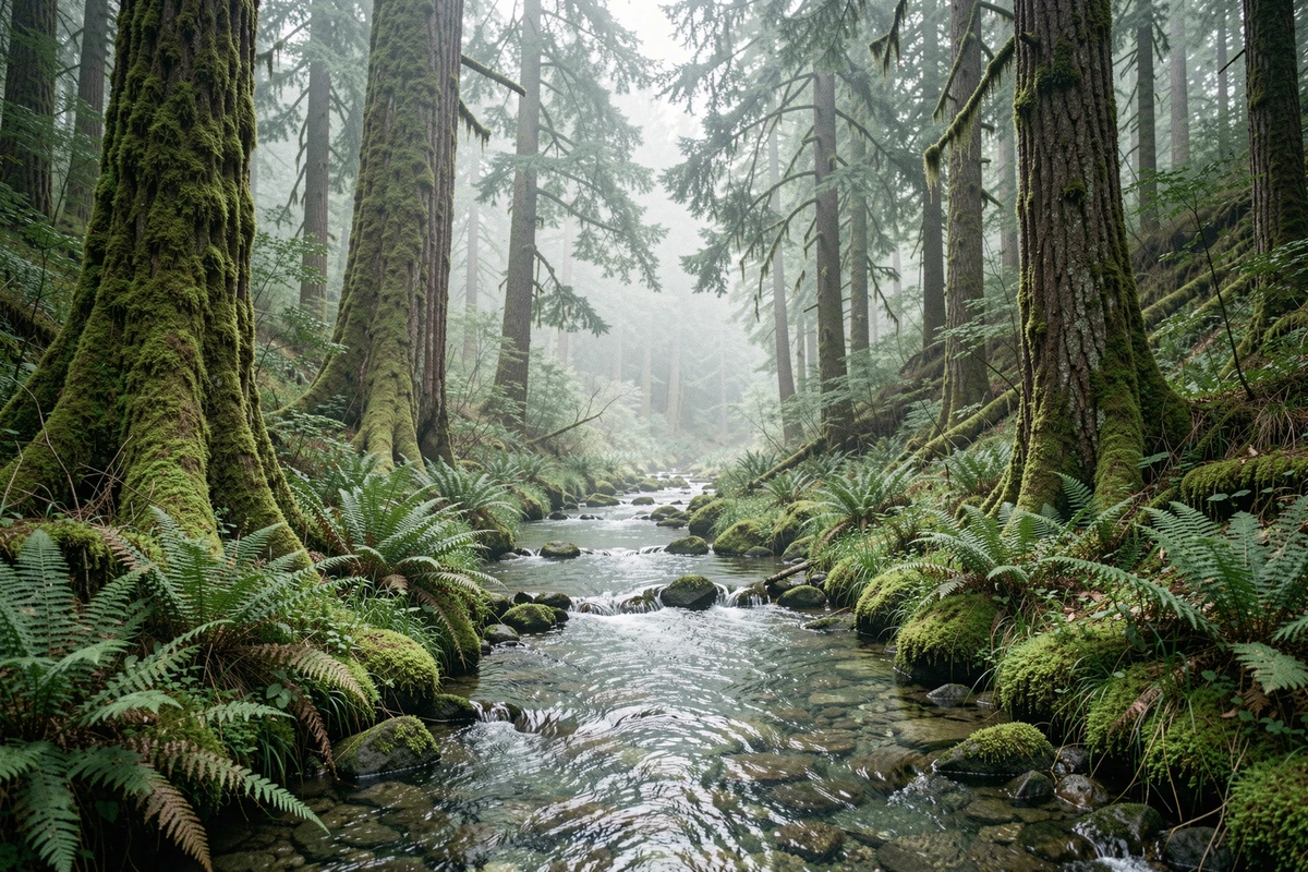 Vallée fluviale isolée dans la forêt ancienne du Pacifique Nord-Ouest américain, rivière cristalline et mousses épaisses